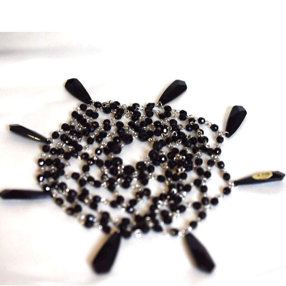 Vintage 1920's Style Black Beads/Crystal Dangle Silver Tone Links Hair Covering